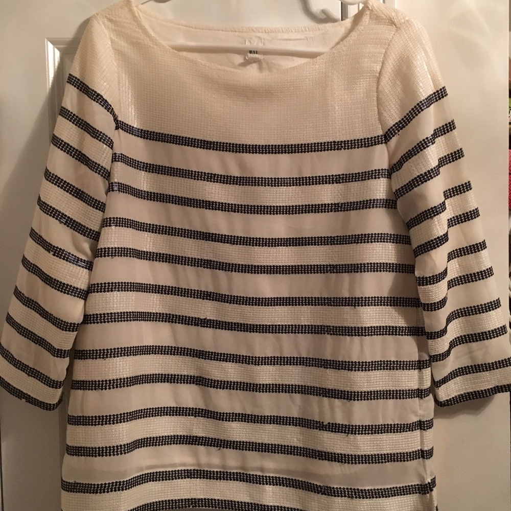 Gap ivory sequin blouse with navy sequin stripes